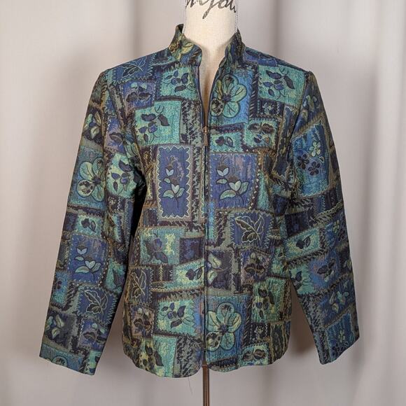 Vintage 90s Coldwater Creek Floral Tapestry Jacket Blue Green Zip Up - Picture 13 of 16